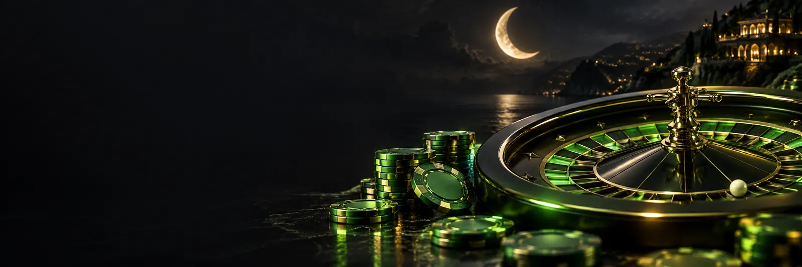 Roulette and casino chips in a moonlit scene